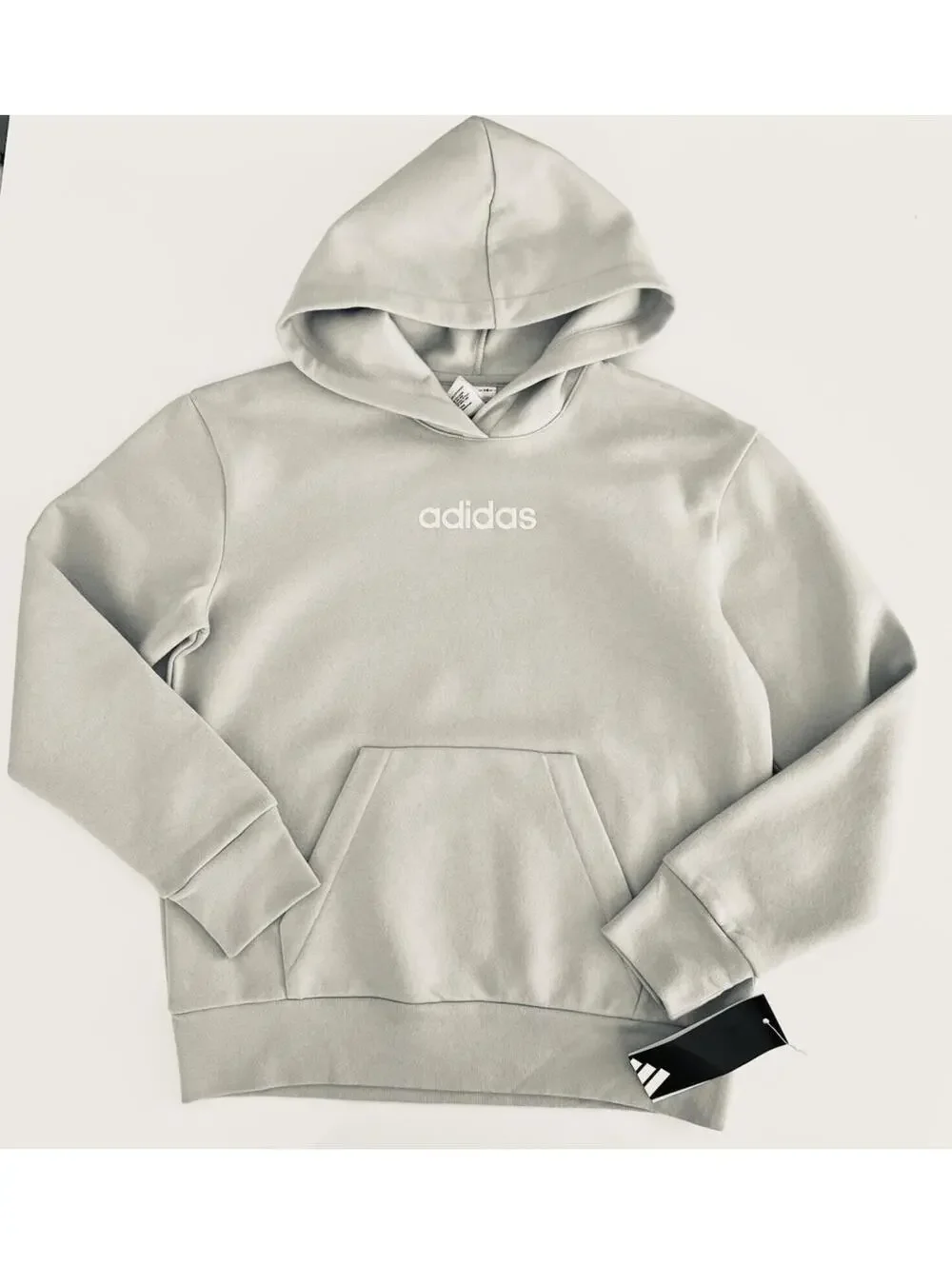 Adidas Boys Essential Linear Embroidered Fleece Hooded Natural Sweatshirt M